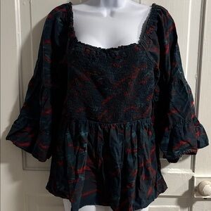 Terra & Sky Bell Sleeve Abstract Art Smocked Top Size 0X(14W)